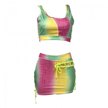 Chic Rainbows Print Crop Top And Skirt Set Two-Piece Suits Womens Lace-Up Bandage Tracksuit